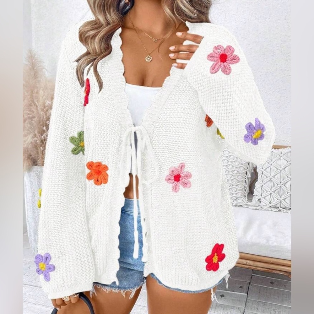 Floral Embroidered White Cardigan Sweater